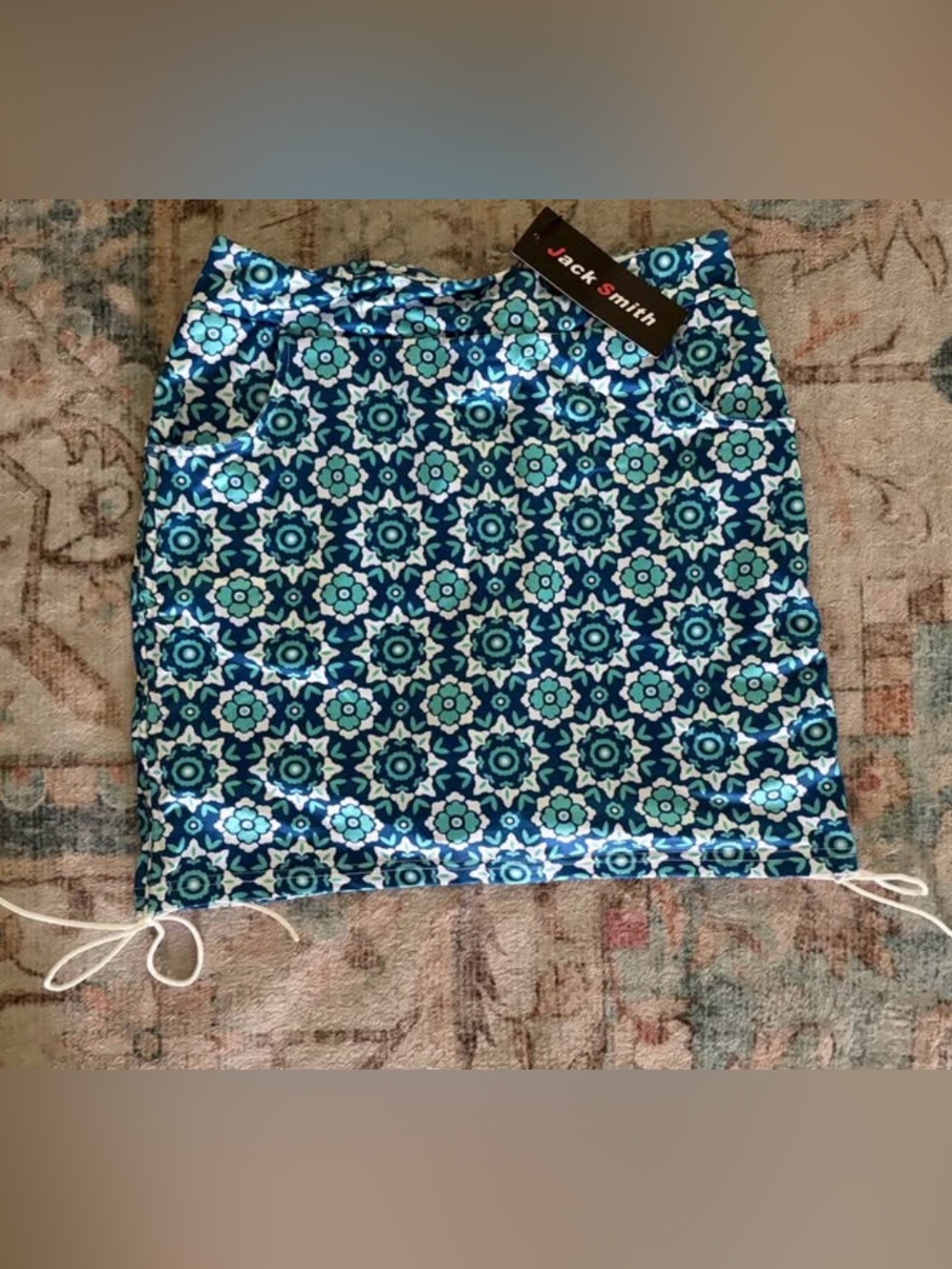 Blue & aqua Floral Tile-Print Mini Skort w tie up/cinch/rouch sides